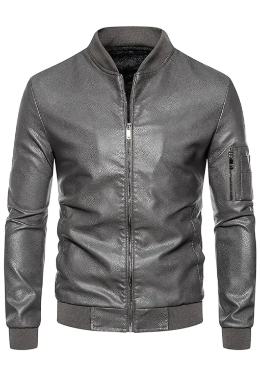mens-ribbed-collar-grey-bomber-faux-leather-jacket