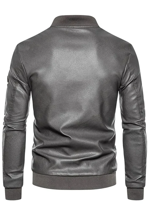 mens-ribbed-collar-grey-bomber-faux-leather-jacket