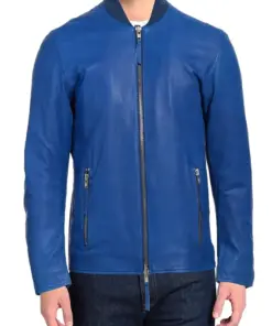 blue leather bomber jacket mens