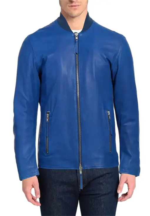 blue leather bomber jacket mens