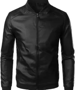 mens-simple-style-black-faux-leather-bomber-jacket