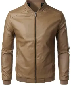 mens-simple-style-brown-faux-leather-bomber-jacket