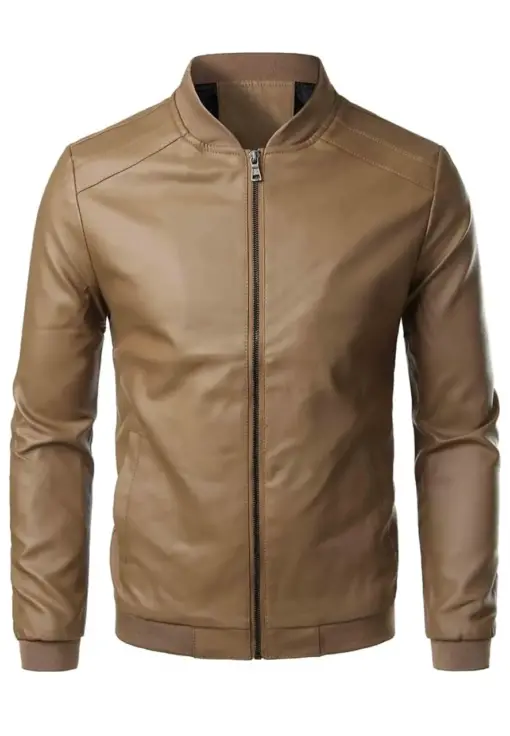 mens-simple-style-brown-faux-leather-bomber-jacket