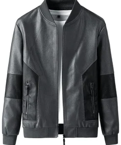 mens-trendy-long-sleeve-gray-faux-leather-bomber-jacket