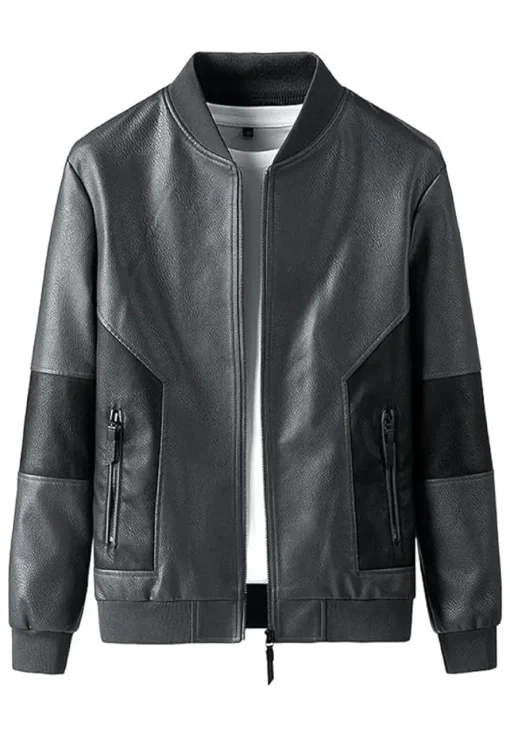 mens-trendy-long-sleeve-gray-faux-leather-bomber-jacket