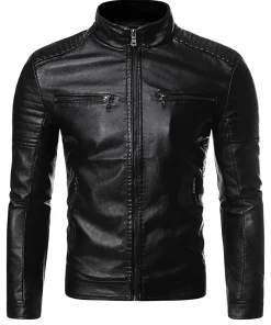 mens-vintage-stand-collar-black-faux-leather-biker-jacket