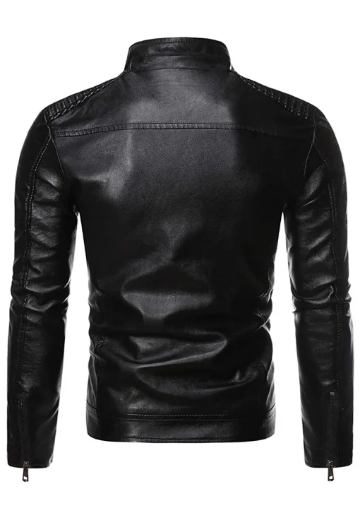 mens-vintage-stand-collar-black-faux-leather-biker-jacket