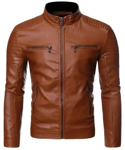mens-vintage-stand-collar-brown-faux-leather-biker-jacket