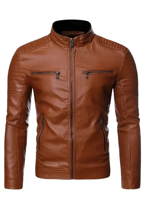 mens-vintage-stand-collar-brown-faux-leather-biker-jacket