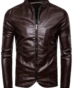 mens-zipper-shiny-coffee-faux-leather-jacket