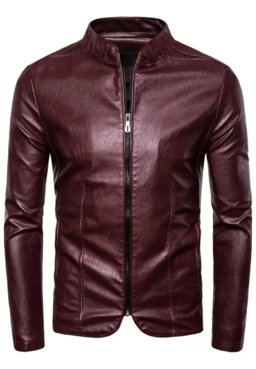 mens-zipper-shiny-maroon-faux-leather-jacket