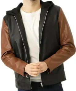 mens-black-and-brown-faux-leather-hooded-biker-jacket