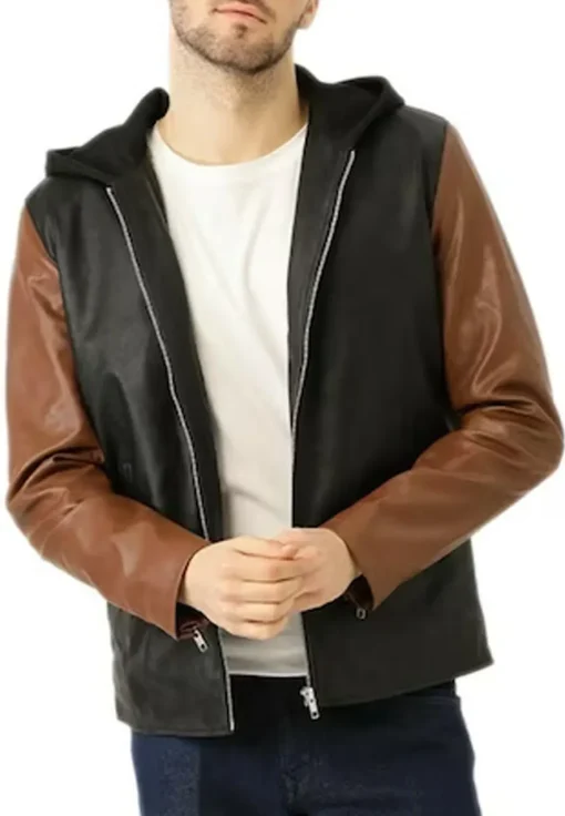mens-black-and-brown-faux-leather-hooded-biker-jacket
