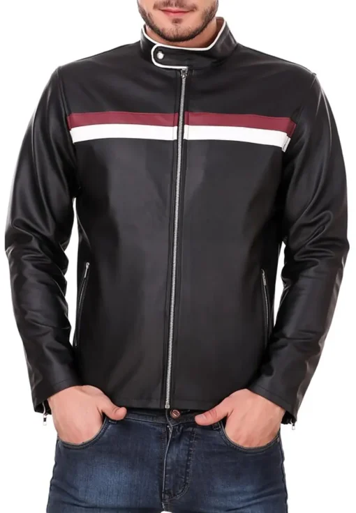 mens-black-faux-leather-biker-jacket-with-red-and-white-stripes