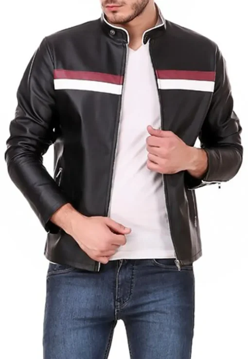 mens-black-faux-leather-biker-jacket-with-red-and-white-stripes
