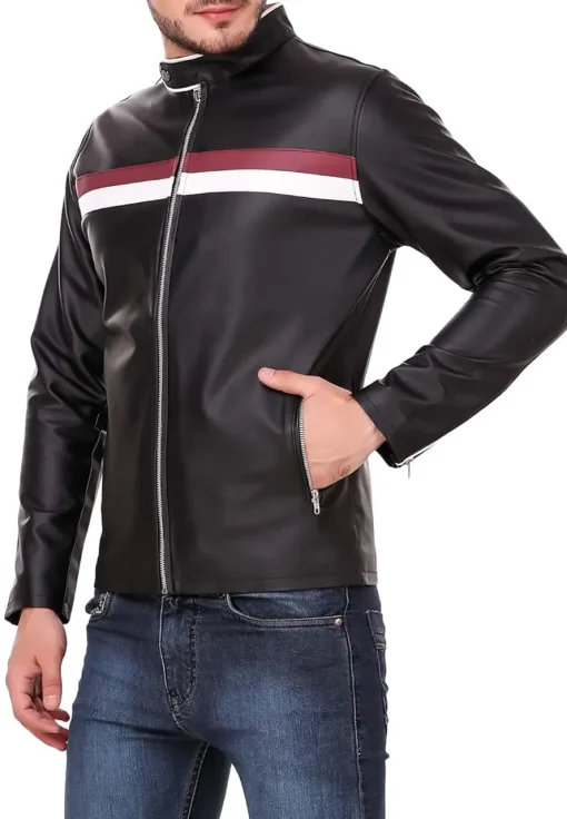 mens-black-faux-leather-biker-jacket-with-red-and-white-stripes