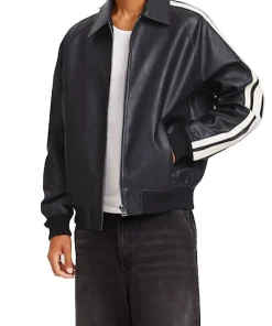 mens-black-faux-leather-bomber-jacket-with-side-stripes