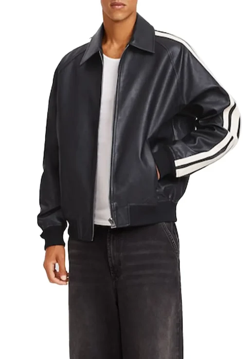 mens-black-faux-leather-bomber-jacket-with-side-stripes