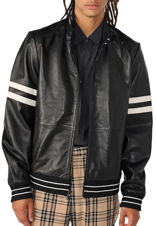 mens-black-faux-leather-bomber-jacket-with-stripe
