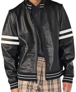 mens-black-faux-leather-bomber-jacket-with-stripe