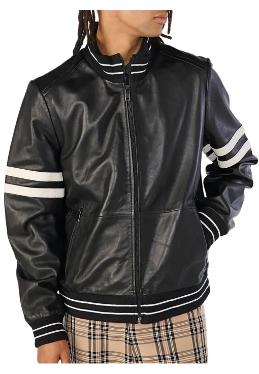 mens-black-faux-leather-bomber-jacket-with-stripe