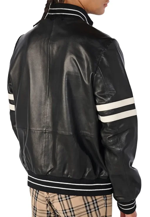 mens-black-faux-leather-bomber-jacket-with-stripe