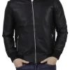 mens-black-faux-leather-ribbed-bomber-jacket