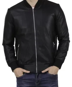 mens-black-faux-leather-ribbed-bomber-jacket