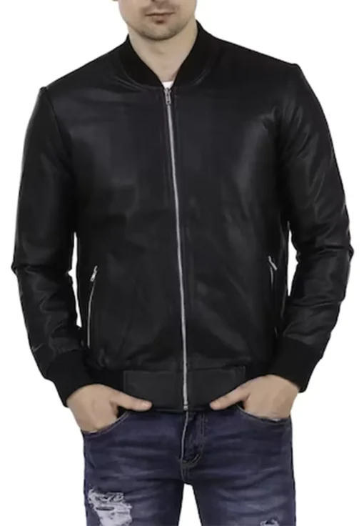 mens-black-faux-leather-ribbed-bomber-jacket