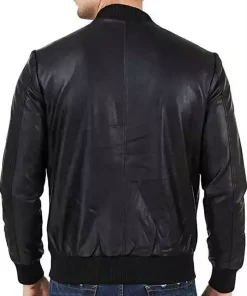 mens-black-faux-leather-ribbed-bomber-jacket