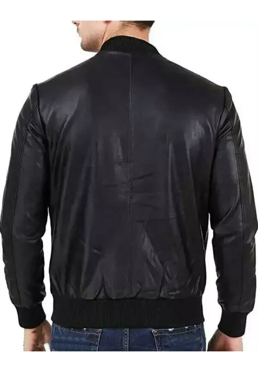 mens-black-faux-leather-ribbed-bomber-jacket