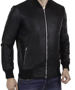 mens-black-faux-leather-ribbed-bomber-jacket