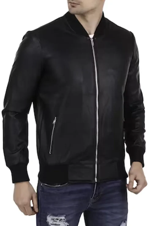 mens-black-faux-leather-ribbed-bomber-jacket