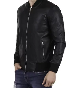 mens-black-faux-leather-ribbed-bomber-jacket
