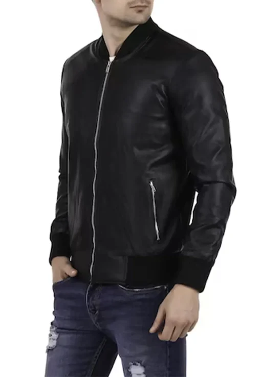 mens-black-faux-leather-ribbed-bomber-jacket