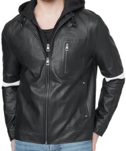 mens-black-faux-leather-white-stripes-jacket-with-hood