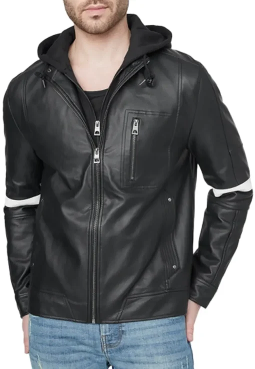 mens-black-faux-leather-white-stripes-jacket-with-hood