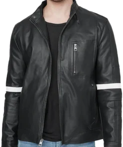 mens-black-faux-leather-white-stripes-jacket-with-hood
