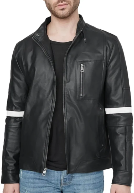 mens-black-faux-leather-white-stripes-jacket-with-hood