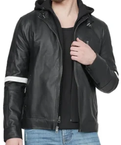 mens-black-faux-leather-white-stripes-jacket-with-hood