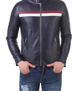 mens-blue-faux-leather-biker-jacket-with-red-and-white-stripes