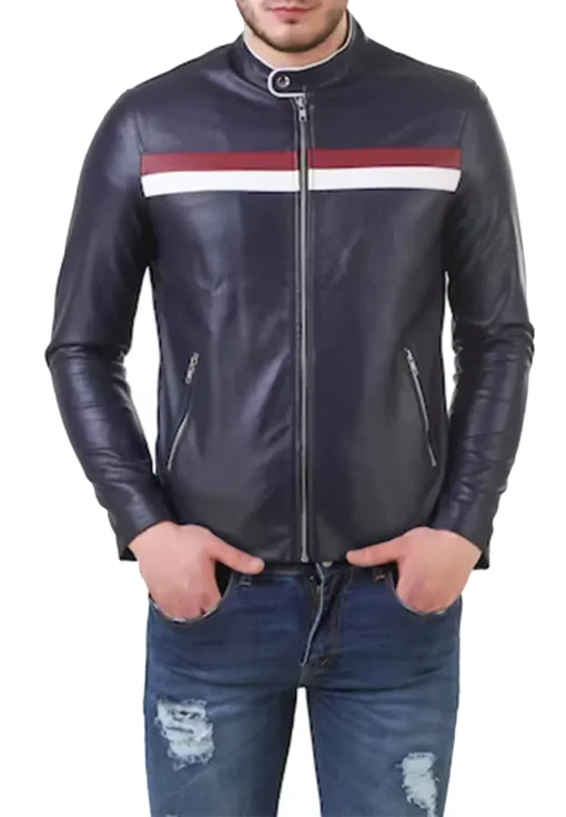 mens-blue-faux-leather-biker-jacket-with-red-and-white-stripes
