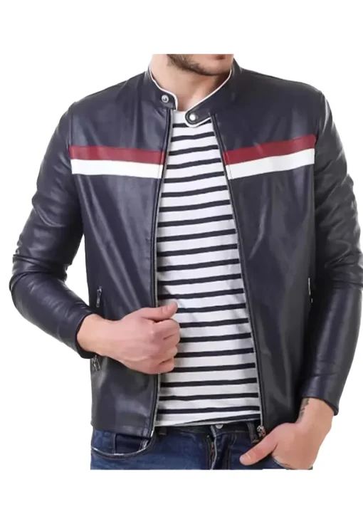 mens-blue-faux-leather-biker-jacket-with-red-and-white-stripes