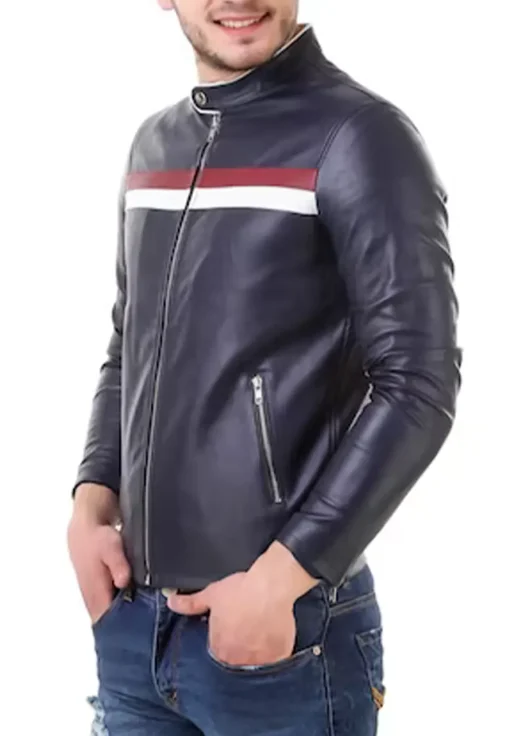 mens-blue-faux-leather-biker-jacket-with-red-and-white-stripes