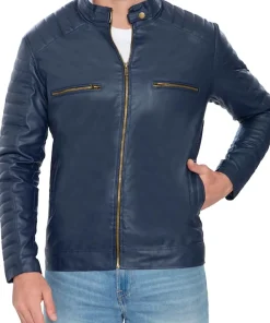 mens-blue-faux-leather-pattern-sleeve-jacket