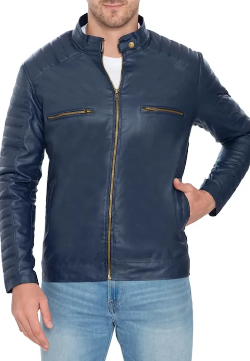 mens-blue-faux-leather-pattern-sleeve-jacket