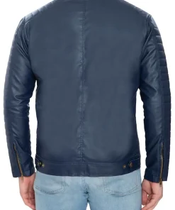 mens-blue-faux-leather-pattern-sleeve-jacket
