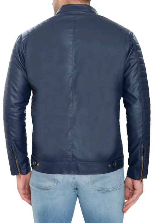 mens-blue-faux-leather-pattern-sleeve-jacket