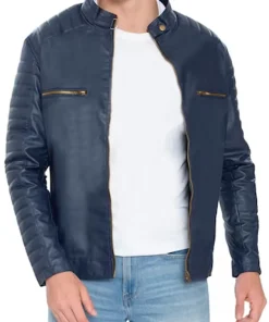 mens-blue-faux-leather-pattern-sleeve-jacket
