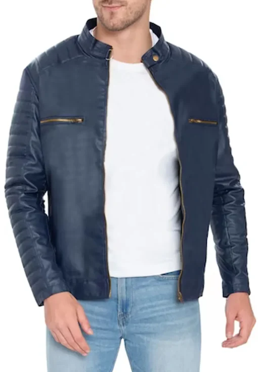 mens-blue-faux-leather-pattern-sleeve-jacket